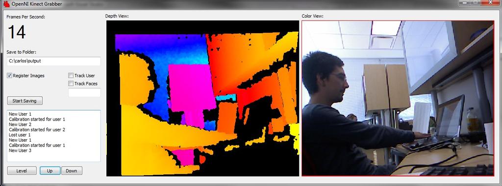 Figure 6: The data capture application. The application shows both RGB image and depth image in a distance-colored scale. It can also access the Kinect motor to tilt the camera up or down as desired.