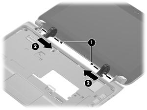 3. Remove the interior hinge covers (2). 4. Turn the computer upside down, with the front toward you. 5.