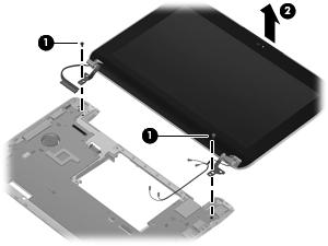9. Remove the display assembly (2). Remove the display assembly hinges: 1. Remove the hinge covers from the hinges.