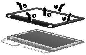 (2), loosen the bottom of the bezel (3), and then lift the bezel from the display (4).