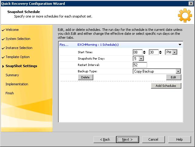 Implementing snapshot sets with the configuration wizard Scheduling and creating snapshot sets 63 10 Repeat step 9 for any additional snapshot sets and when you finish, click Next.