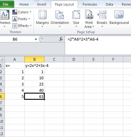Notice, in Column A the numbers do increase by one. In column B the results are the value of the function y = 2 x ^ 2 + 3 x - 4 as calculated from the corresponding x value in column A.