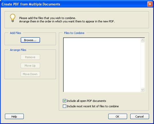 Create a PDF from multiple documents When you want to merge several files into one PDF file, you should use the Create a PDF from Multiple Documents command.