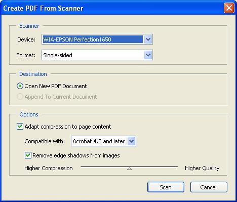 Create a PDF from a scanner 1. Click File > Create PDF > From Scanner. The Create PDF from Scanner window will open. 2. Select your scanner device. 3. Choose your format.