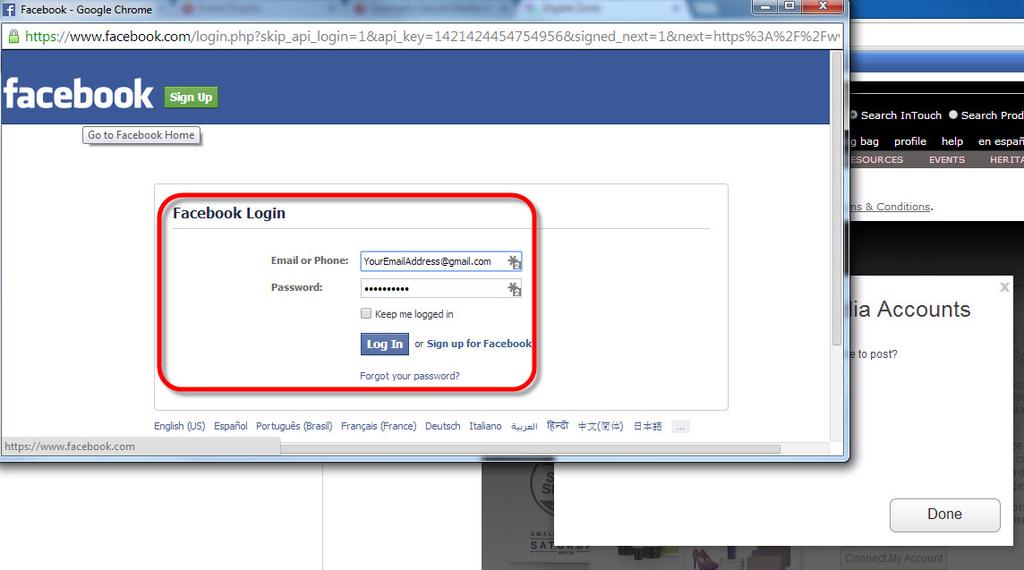 You will need to log in to your Facebook profile to choose which page to publish on.