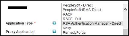 6. Select RSA Authentication Manager Direct from the Application Type dropdown list. 7.