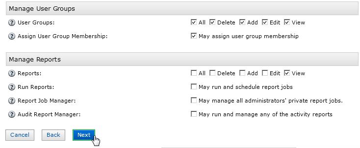 8. Select the All checkbox in the Users row and the Identity Attribute Definitions row in the Manage Users section. 9.
