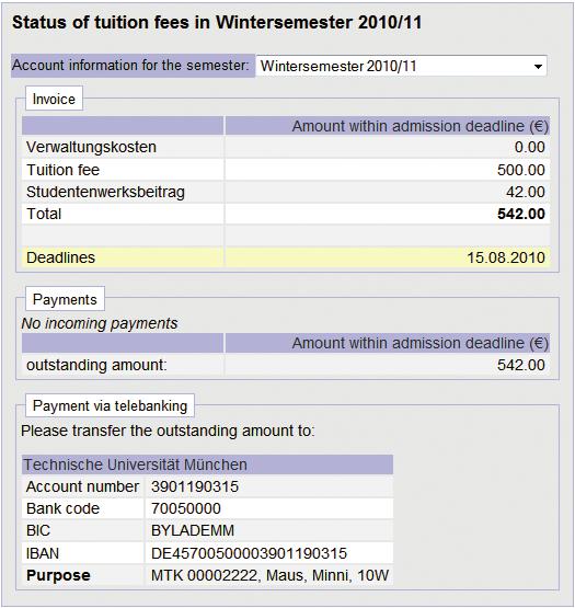 Tuition fee account You will find information on your tuition fees under Tuition Fees in your TUMonline calling card. Here you will find an overview of amounts paid and outstanding.