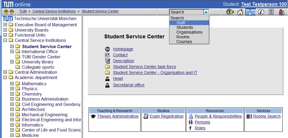 People, facilities and rooms People There are various ways of running a search for people. You can search for people (staff, students) at TU München by using the search function at the top right.
