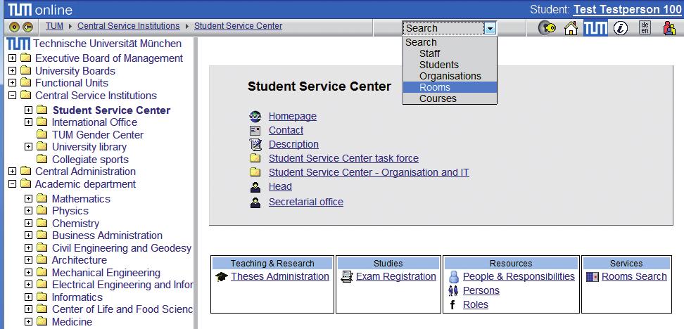Rooms The search function at the top right allows you to search for rooms throughout TU München and have details