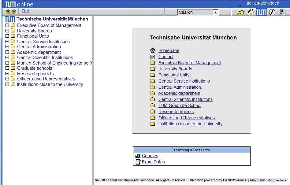 Structure TUMonline provides information for both anonymous users and those who are logged in. The screenshot below shows the view of TUMonline for users who are not logged in.