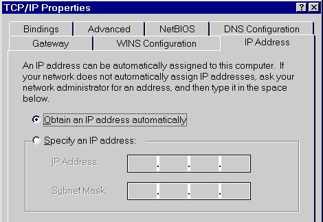 Figure 9: IP Address (Win 95) Ensure your TCP/IP settings are correct, as follows: Using DHCP To use DHCP, select the radio button Obtain an IP Address automatically.