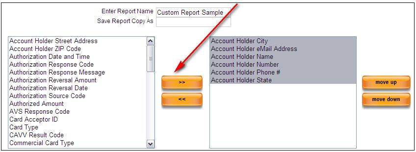 You will be able to name your Custom Reports by providing a name in the supplied field. When creating a new Custom Report, the screen will display as shown below.
