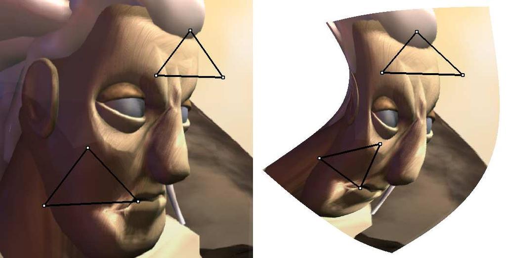 Figure 2. 2D and 3D examples of triangle deformers. Figure 3. 2D and 3D examples of blended triangle deformers. recently used the 2D deformation system for generating extreme caricatures [1].