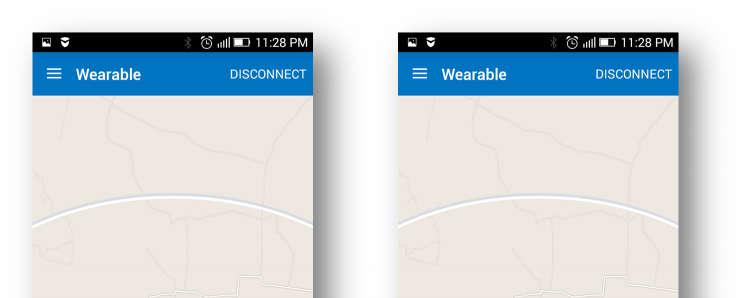 3.2.1.2 Proximity Screen The page display the Status of the Bluetooth link and using RSSI, the approximate range between the Android Host device and the Wearable can be located with a location icon.
