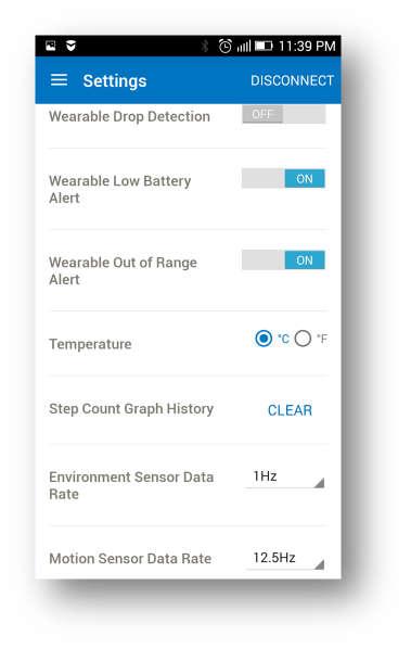 3.2.3 Settings In Settings menu, the user can manually turn on or off, the notifications for Wearable Drop Detection Wearable Low Battery Alert Wearable Out of Range Alert Temperature unit selection