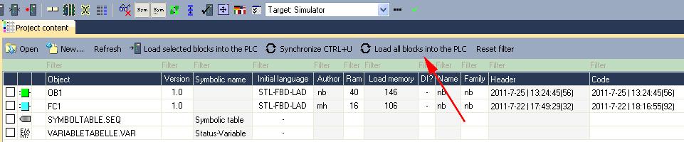 Transfer the blocks to the simulator with [Load all blocks into the PLC]. Switch the CPU to RUN, by clicking at RUN in the "CPU Control Center" of "Edit project".