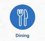 Dining Icon The Dining icon contains information about on- and off-campus dining options. The off-campus dining option, if selected, pulls up a list of cuisine types.