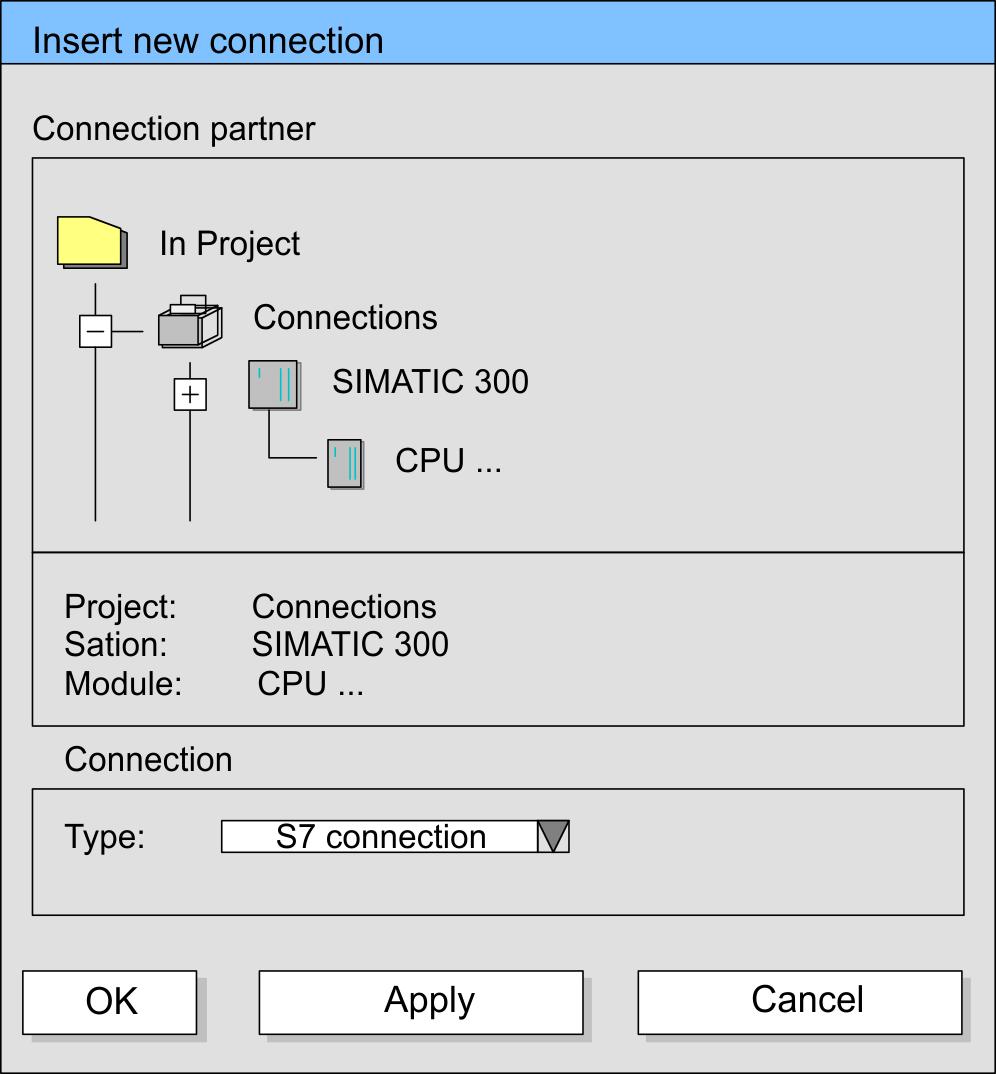 Choose Insert new connection in the context menu: Connection partner (partner station) A dialog window opens where you may choose the connection partner and the connection type.