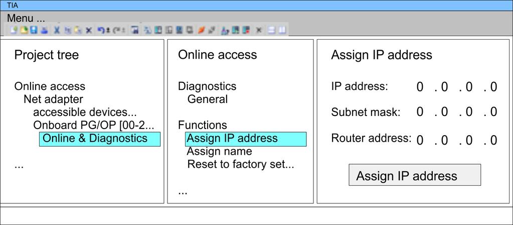 VIPA System SLIO Configuration with TIA Portal TIA Portal - Hardware configuration - Ethernet PG/OP channel Assign IP address parameters You get valid IP address parameters from your system