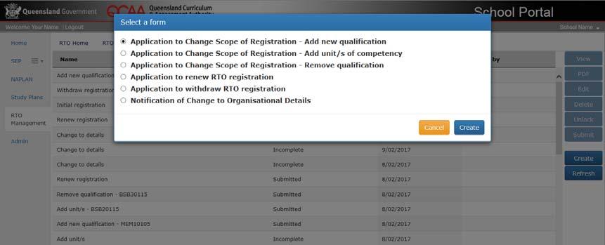 Create a form: Application to Change Scope of Registration Add new qualification 1. Select the Forms tab from the top menu. 2. Press the Create button.