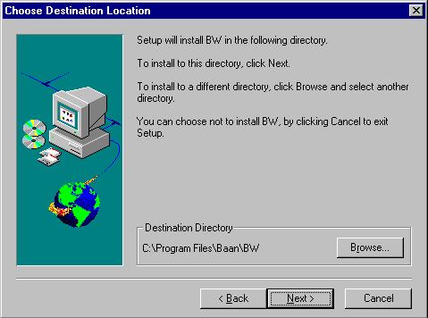 Istallatio guide The Choose Destiatio Locatio scree is displayed, askig you to supply a target directory for the BW cliet software.