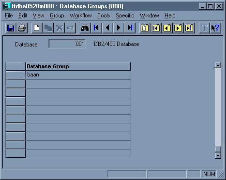 Appedix A: The DBA module 3 The Database Groups (ttdba0520m000) sessio is started. Type the database umber i the Database field.