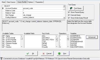 Chapter 9 - Integration Maintenance Query Builder Tab Options Account Number Balance Code Select the field from the source table that will be used to populate the account number field in the balance