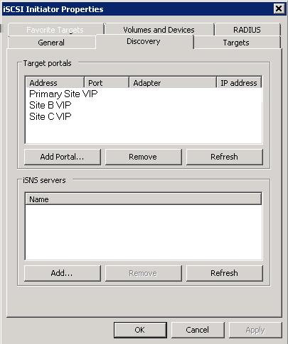 Figure 7 Entering VIPs in a Multi-Site SAN configuration 2. On the Targets tab, select the volume to log on to. 3. Click Log On. 4. Select the Enable multi-path check box if using MPIO.