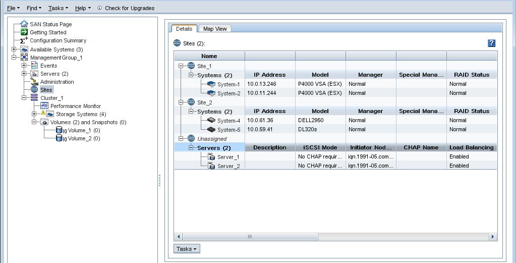 Figure 17 No sites in a standard cluster When there is a Multi-Site cluster in the management group, the Sites Details tab shows the site assignments of the storage systems and servers.