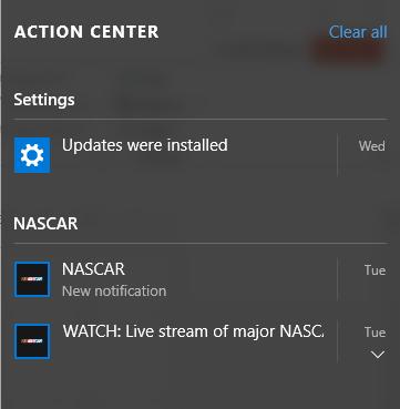Action Center All notifications are combined in a single