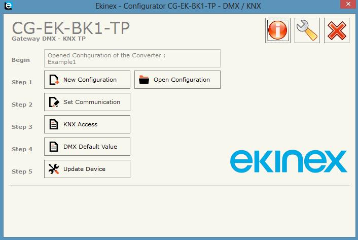 5 Configuration software The ekinex configuration software CG-EK-BK1-TP allows you to perform the following operations: Selection of physical address of the device over the KNX TP network; Selection