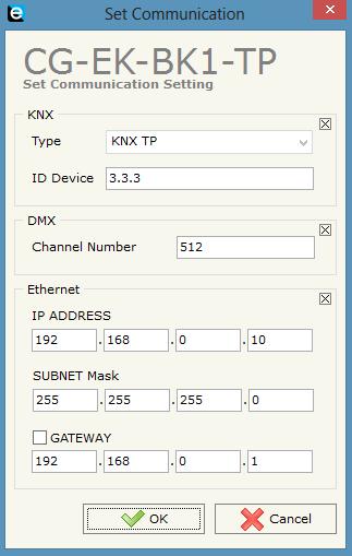 5.3 Communication parameters In this section we define the basic communication parameters for the KNX TP network, for the DMX network and for Ethernet connection.