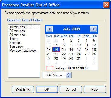 The Presence Tab Set an Estimated Time of Return (ETR) An Estimated Time of Return (ETR) can be set for the Presence profiles used when you are not available. 1.