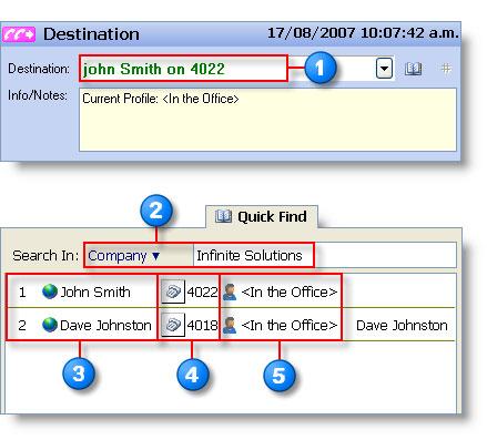The Quick Find Tab The Quick Find Tab Quick Find enables searching and selecting and dialing contacts based on a partial entry in the Destination field.