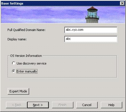 5. In the Base Settings window, provide OpenVMS node name and select the option Enter Manually