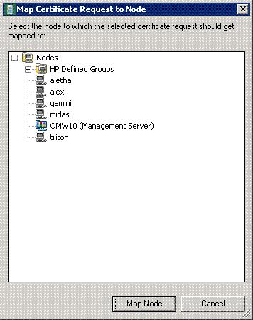 7. In the Map Certificate Request to Node window, select the OpenVMS node and click the