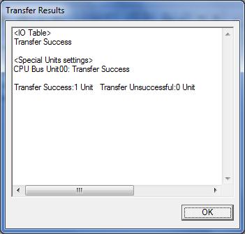 When the I/O table is created normally, the dialog box shows the following: Transfer Success: 1 Unit Transfer