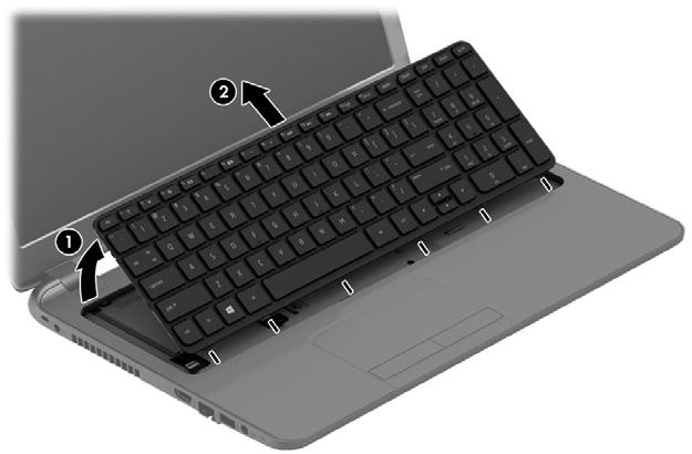 Remove the two Phillips PM2.5 5.0 screws that secure the keyboard to the computer. 3. Position the computer upright with the front toward you. 4.