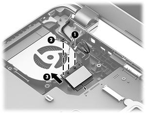 3. Remove the WLAN module by pulling the module away from the slot at an angle (3).