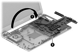 5. Disconnect the USB board cable from the system board (2).