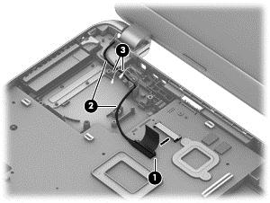 1. Disengage the adhesive and disconnect the display panel cable (1) from the system board. 2. Remove the display panel cable from its routing path (2). 3.