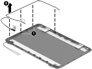 6. To remove the display/webcam cable, remove the cable from the clips built into the display enclosure (1), and then remove the cable from the display enclosure (2). 7.