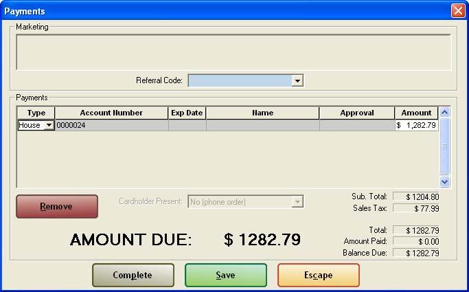 Figure 7-19: Placing Order on Wedding House Account Receiving Payments on Wedding Accounts To receive a payment on the wedding account, take the payment just like a regular payment on an open item