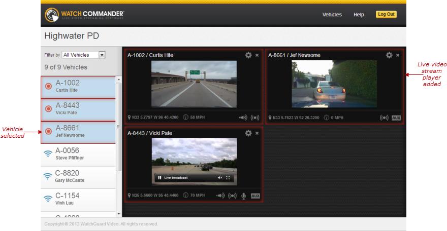 Adding another vehicle's video stream to the Live Streaming view The vehicle you selected is shaded light blue and its live video stream player is added to the Live Streaming Player pane.