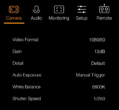 Camera Settings To configure the camera settings on your Blackmagic Studio Camera or Blackmagic Micro Studio Camera 4K, press the menu button.