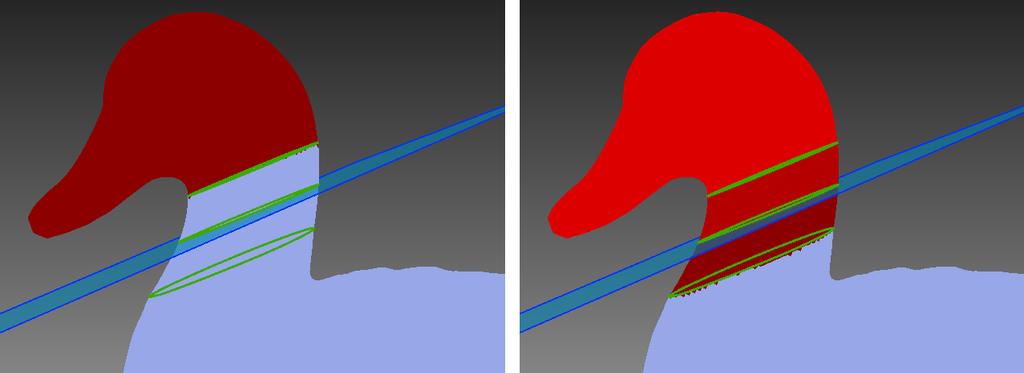 Fig. 9.10: View of contours (from left to right): open contour (1), closed contour (2), contour selected (3), pair of contours selected (4). Fig. 9.11: View of meshes: one mesh selected on left and several on right.
