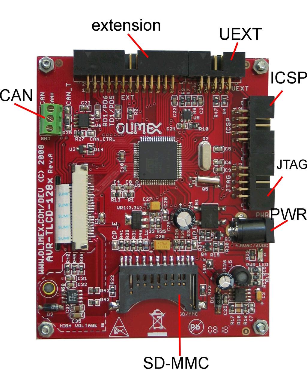 BOARD LAYOUT: POWER SUPPLY CIRCUIT: AVR-TLCD-128CAN should be powered by 4.5VAC or +(6-9VDC). The board power consumption at 8 VDC the consumption is about 20 ma.