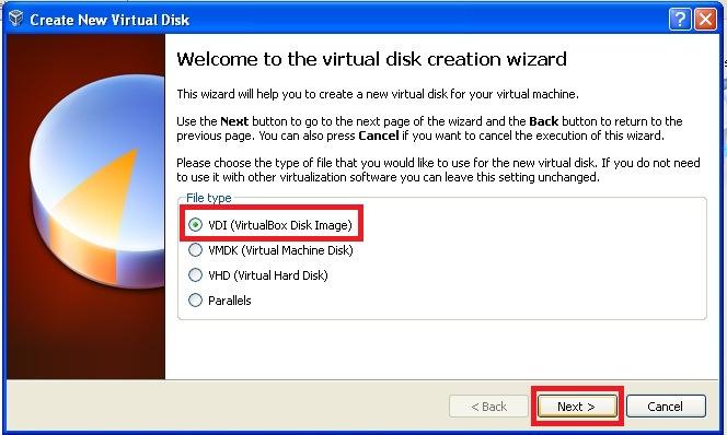 6. On the following screen select VDI (VirtualBox Disk Image) and click Next 7.