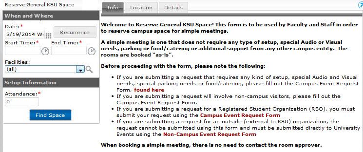 If you need to submit a request that requires any kind of setup, special audio/visual needs, an audio/visual technician, parking, or food/catering, please fill out the Campus Event Request form,